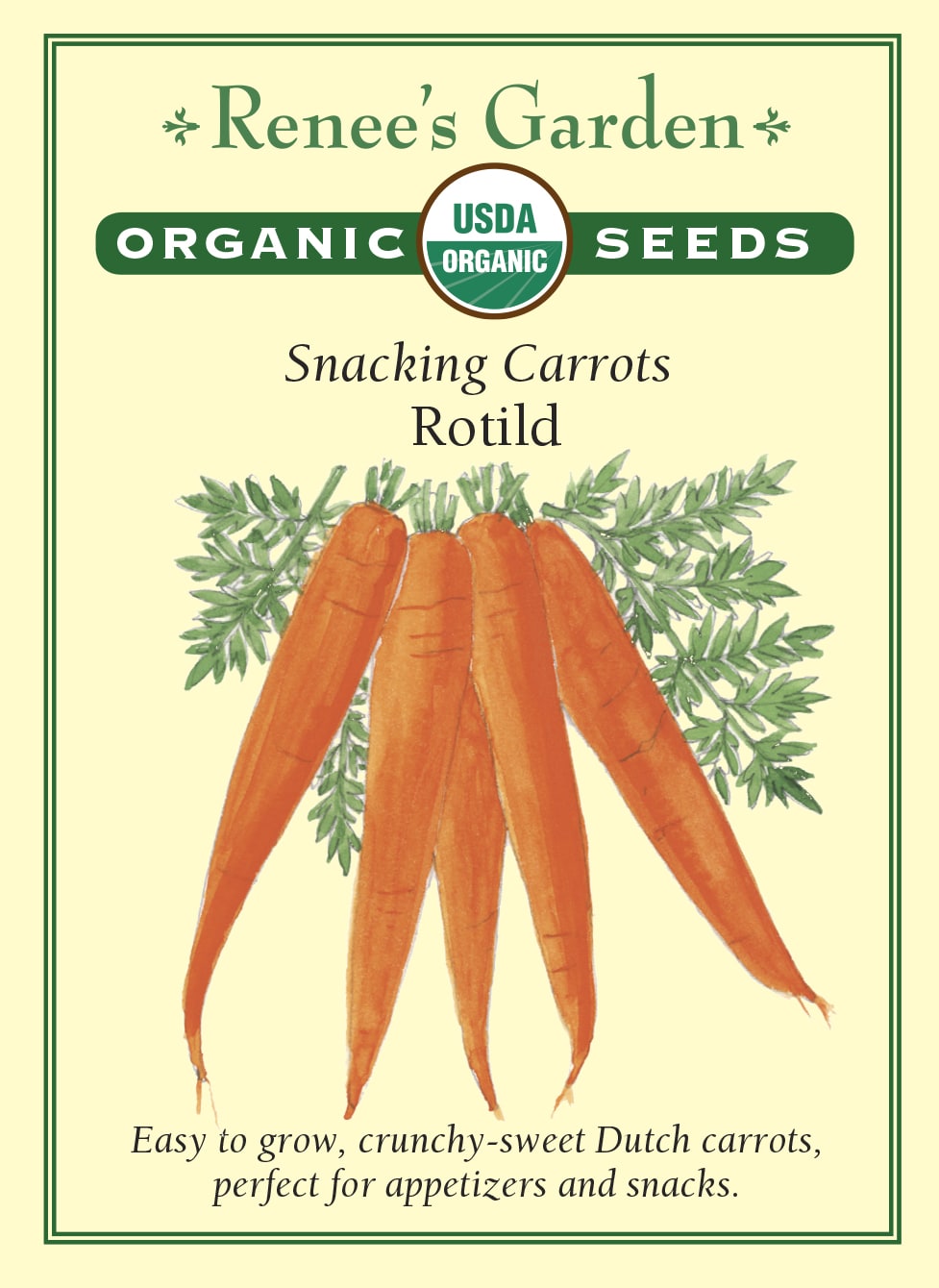 Visuel officiel de Renee's Garden pour les semences « Carotte ‘Rotild’ », référence RN3010. Cette sélection biologique forme des carottes longues et cylindriques, à extrémité arrondie. La chair orange offre une texture croquante et une saveur appréciée pour la consommation fraîche, selon le semencier. La forme régulière se prête aux bâtonnets et aux rondelles.