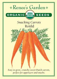 Visuel officiel de Renee's Garden pour les semences « Carotte ‘Rotild’ », référence RN3010. Cette sélection biologique forme des carottes longues et cylindriques, à extrémité arrondie. La chair orange offre une texture croquante et une saveur appréciée pour la consommation fraîche, selon le semencier. La forme régulière se prête aux bâtonnets et aux rondelles.