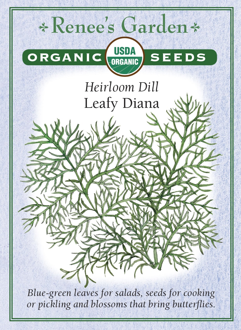 Visuel officiel de Renee's Garden associé aux semences d’aneth ‘Leafy Diana’, référence RN3012. Cette référence biologique développe un feuillage plumeux bleu-vert, au parfum d’aneth. Le semencier le propose pour les salades et les plats d’œufs, de pommes de terre ou de riz. Les feuilles se récoltent fraîches selon les besoins. La floraison modifie ensuite le port et permet d’observer les ombelles.