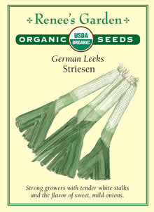 Visuel officiel de Renee's Garden pour les semences « Poireau ‘Striesen’ », référence RN3013. Cette référence biologique d’origine allemande forme des plants hauts et droits, avec un long fût blanc et un feuillage vert robuste. Le semencier souligne sa bonne tenue au jardin, qui permet d’étaler la récolte. Les fûts sont destinés à la cuisine et offrent une saveur caractéristique de poireau.