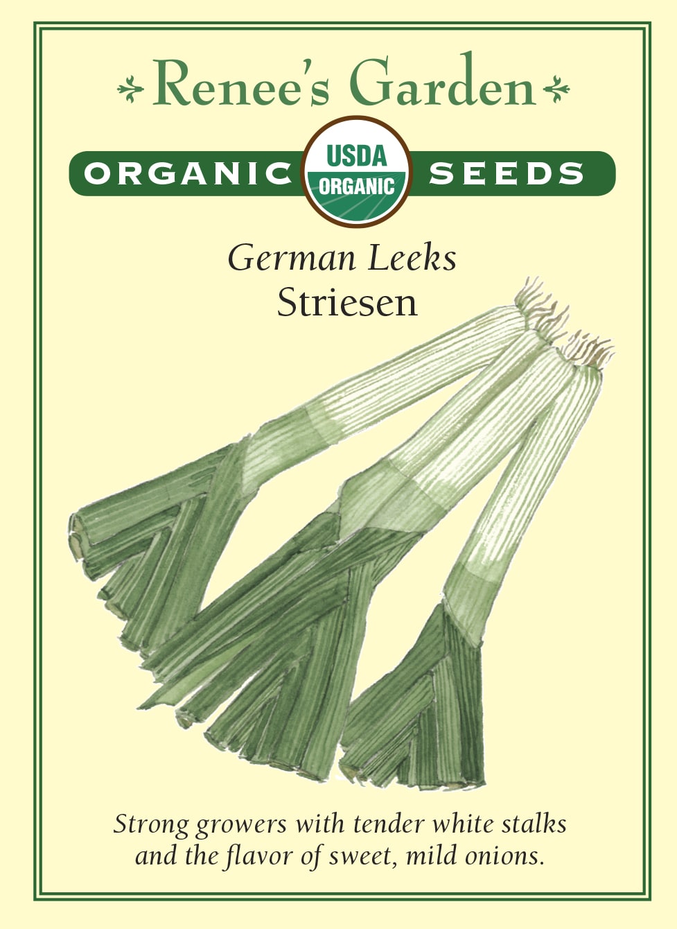 Visuel officiel de Renee's Garden pour les semences « Poireau ‘Striesen’ », référence RN3013. Cette référence biologique d’origine allemande forme des plants hauts et droits, avec un long fût blanc et un feuillage vert robuste. Le semencier souligne sa bonne tenue au jardin, qui permet d’étaler la récolte. Les fûts sont destinés à la cuisine et offrent une saveur caractéristique de poireau.