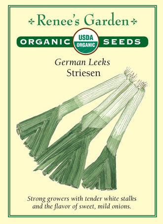 Visuel officiel de Renee's Garden pour les semences « Poireau ‘Striesen’ », référence RN3013. Cette référence biologique d’origine allemande forme des plants hauts et droits, avec un long fût blanc et un feuillage vert robuste. Le semencier souligne sa bonne tenue au jardin, qui permet d’étaler la récolte. Les fûts sont destinés à la cuisine et offrent une saveur caractéristique de poireau.