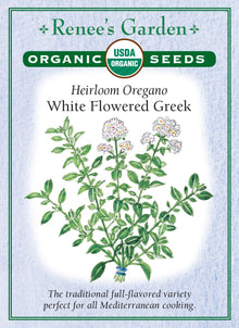 Visuel officiel de Renee's Garden associé aux semences d’origan grec, référence RN3014. Cette référence biologique forme des touffes de petites feuilles bleu-vert au parfum prononcé. Le semencier la propose pour les préparations méditerranéennes, notamment les sauces et les pizzas. Les tiges feuillées se récoltent selon les besoins. Le feuillage peut être utilisé frais ou séché pour conserver un assaisonnement aromatique.