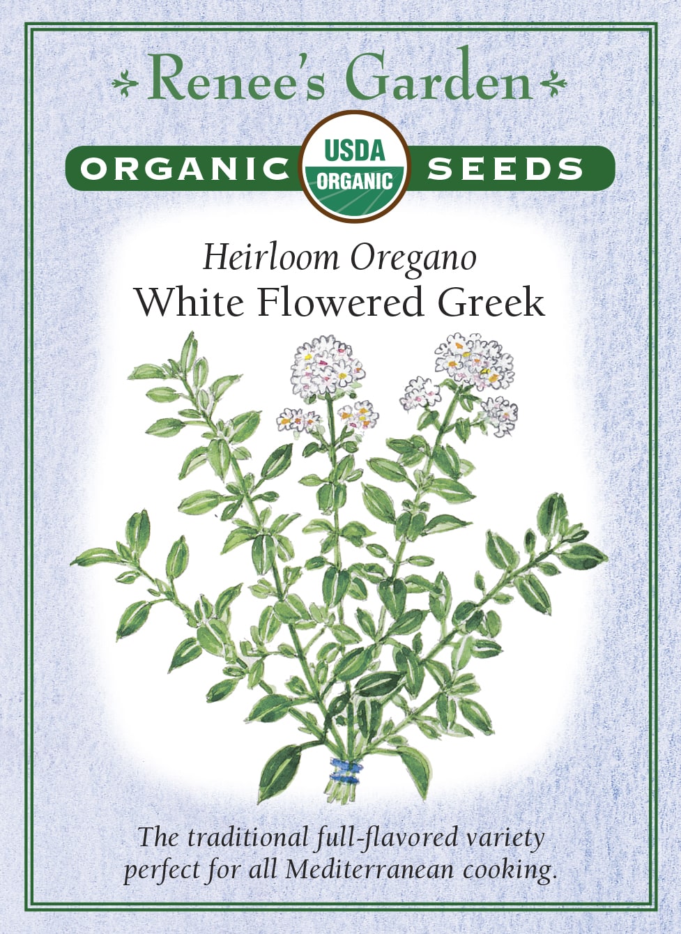 Visuel officiel de Renee's Garden associé aux semences d’origan grec, référence RN3014. Cette référence biologique forme des touffes de petites feuilles bleu-vert au parfum prononcé. Le semencier la propose pour les préparations méditerranéennes, notamment les sauces et les pizzas. Les tiges feuillées se récoltent selon les besoins. Le feuillage peut être utilisé frais ou séché pour conserver un assaisonnement aromatique.