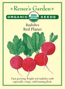 Visuel officiel de Renee's Garden pour les semences « Radis ‘Red Planet’ », référence RN3015. Ce radis biologique forme des racines rondes rouges, à chair croquante et à saveur douce. Le semencier souligne une maturité rapide. De petits semis échelonnés permettent d’adapter la récolte aux besoins de la cuisine. Les racines se prêtent aux salades, aux crudités et aux garnitures fraîches.