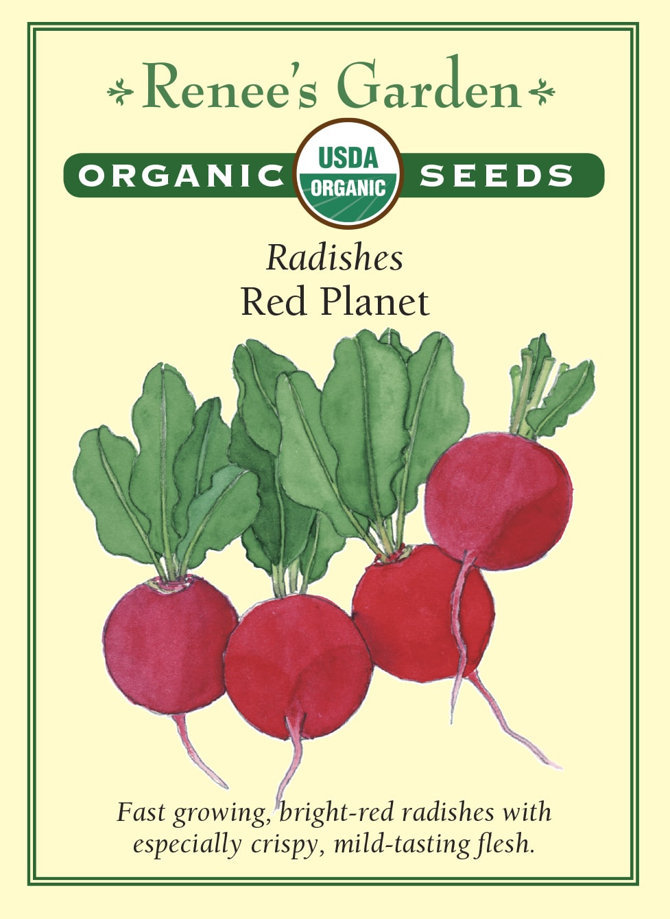 Visuel officiel de Renee's Garden pour les semences « Radis ‘Red Planet’ », référence RN3015. Ce radis biologique forme des racines rondes rouges, à chair croquante et à saveur douce. Le semencier souligne une maturité rapide. De petits semis échelonnés permettent d’adapter la récolte aux besoins de la cuisine. Les racines se prêtent aux salades, aux crudités et aux garnitures fraîches.