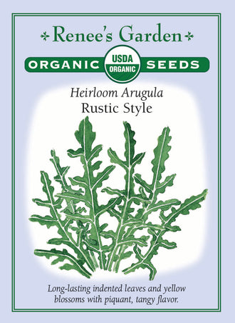 Visuel officiel de Renee's Garden pour les semences « Roquette sauvage », référence RN3016. Cette référence biologique de Diplotaxis tenuifolia développe des rosettes de feuilles découpées à saveur poivrée. Le semencier la propose pour les salades, les pizzas et les pâtes. La récolte peut se prolonger davantage que celle d’une roquette cultivée dans des conditions comparables. Les petites fleurs jaunes sont également présentées comme comestibles.
