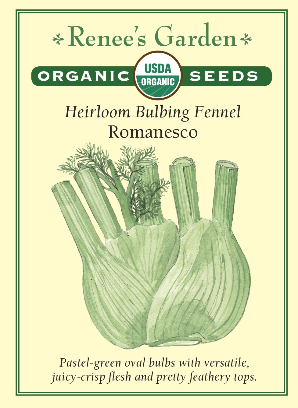 Visuel officiel de Renee's Garden associé aux semences de Fenouil bulbeux ‘Romanesco’, référence RN3017. Cette référence biologique italienne forme une base renflée ovale, surmontée de feuilles plumeuses. Le semencier décrit une chair croquante à saveur douce d’anis. La base peut être préparée crue en salade ou cuite au four, à la poêle et sur le gril. Ce type bulbeux se distingue du fenouil cultivé principalement pour son feuillage.