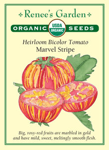 Visuel officiel de Renee's Garden pour les semences « Tomate ‘Marvel Stripe’ », référence RN3023. Cette référence biologique produit de grosses tomates dorées marbrées de rose-rouge, sur des tiges vigoureuses. Le semencier décrit une chair douce et souple. Le motif bicolore apparaît aussi à la coupe et donne un intérêt particulier aux tranches. Les fruits se destinent notamment à la consommation fraîche.