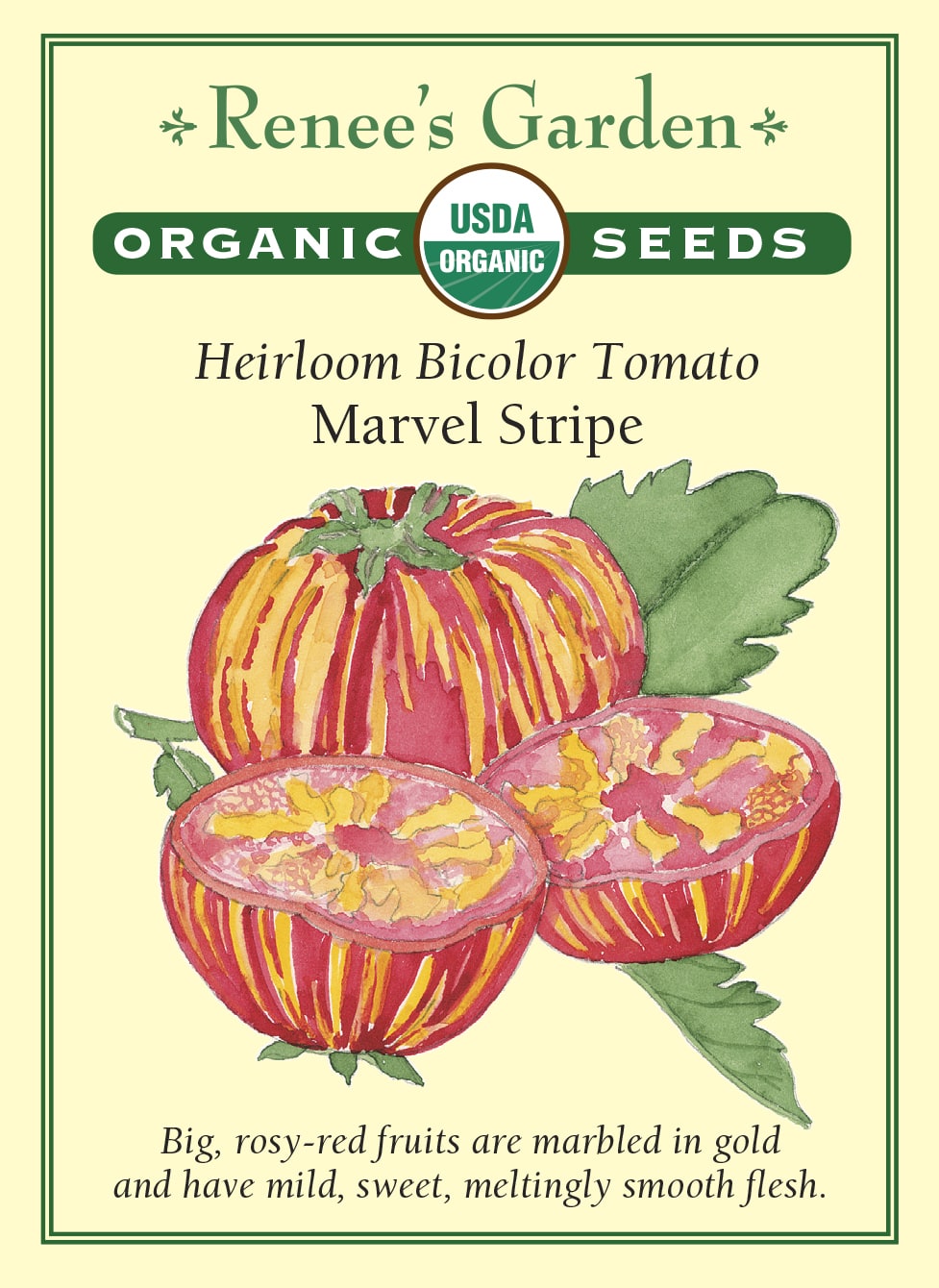 Visuel officiel de Renee's Garden pour les semences « Tomate ‘Marvel Stripe’ », référence RN3023. Cette référence biologique produit de grosses tomates dorées marbrées de rose-rouge, sur des tiges vigoureuses. Le semencier décrit une chair douce et souple. Le motif bicolore apparaît aussi à la coupe et donne un intérêt particulier aux tranches. Les fruits se destinent notamment à la consommation fraîche.