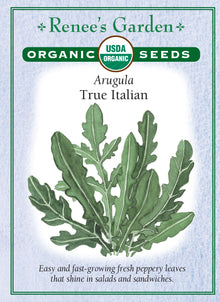 Visuel officiel de Renee's Garden pour les semences « Roquette cultivée », référence RN3025. Cette référence biologique d’Eruca sativa pousse rapidement et fournit des feuilles fraîches à saveur poivrée. Le semencier la recommande pour les salades et les sandwichs. Les fleurs sont aussi mentionnées comme comestibles. La plante se récolte surtout jeune lorsque l’on souhaite une texture tendre et une saveur moins marquée.