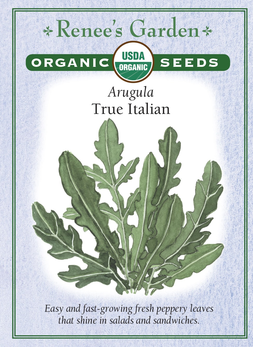 Visuel officiel de Renee's Garden pour les semences « Roquette cultivée », référence RN3025. Cette référence biologique d’Eruca sativa pousse rapidement et fournit des feuilles fraîches à saveur poivrée. Le semencier la recommande pour les salades et les sandwichs. Les fleurs sont aussi mentionnées comme comestibles. La plante se récolte surtout jeune lorsque l’on souhaite une texture tendre et une saveur moins marquée.