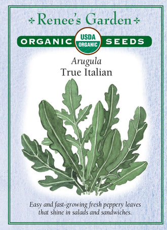Visuel officiel de Renee's Garden pour les semences « Roquette cultivée », référence RN3025. Cette référence biologique d’Eruca sativa pousse rapidement et fournit des feuilles fraîches à saveur poivrée. Le semencier la recommande pour les salades et les sandwichs. Les fleurs sont aussi mentionnées comme comestibles. La plante se récolte surtout jeune lorsque l’on souhaite une texture tendre et une saveur moins marquée.