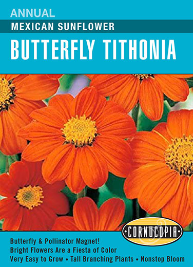 Visuel officiel de Cornucopia associé aux semences de Tithonia ‘Torch’, référence CS303. Cette référence propose le tithonia Torch, aussi appelé tournesol du Mexique. Les plantes se cultivent pendant la saison chaude pour leur floraison décorative. Cette image accompagne la fiche de cette sélection et permet de repérer le produit correspondant dans le catalogue de semences.