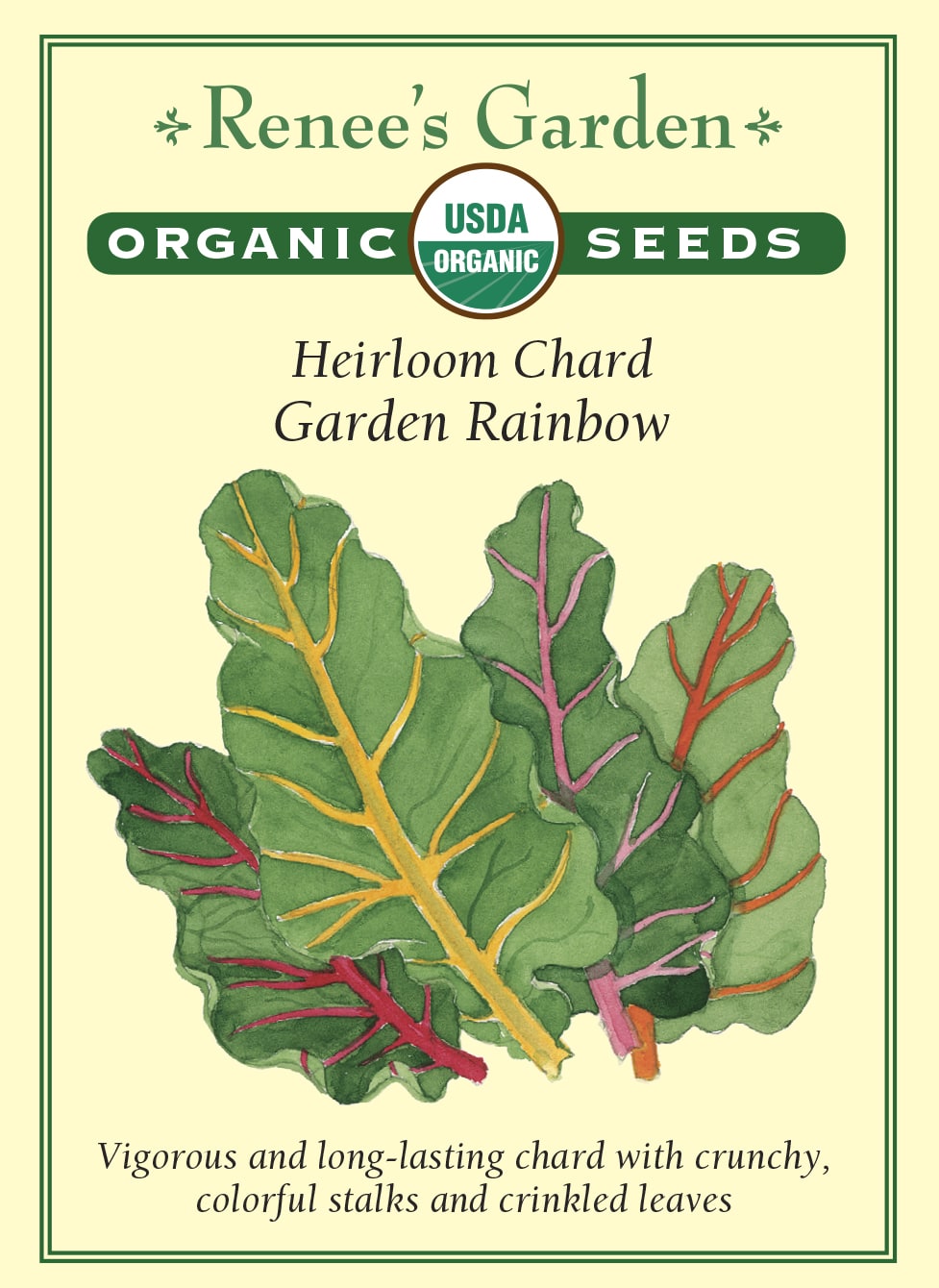 Visuel officiel de Renee's Garden pour les semences « Bette à carde en mélange Garden Rainbow », référence RN3032. Cette référence biologique donne des feuilles vertes accompagnées de côtes aux couleurs variées : rouge, rose, blanc et doré. Les côtes sont décrites comme croquantes. Cette diversité de couleurs apporte un intérêt visuel au potager tout en fournissant une verdure à cuisiner. Le mélange ne correspond pas à un cultivar unique dont tous les plants auraient une couleur identique.