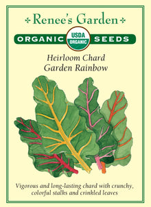 Visuel officiel de Renee's Garden pour les semences « Bette à carde en mélange Garden Rainbow », référence RN3032. Cette référence biologique donne des feuilles vertes accompagnées de côtes aux couleurs variées : rouge, rose, blanc et doré. Les côtes sont décrites comme croquantes. Cette diversité de couleurs apporte un intérêt visuel au potager tout en fournissant une verdure à cuisiner. Le mélange ne correspond pas à un cultivar unique dont tous les plants auraient une couleur identique.