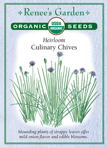 Visuel officiel de Renee's Garden associé aux semences de Ciboulette, référence RN3033. Cette référence biologique d’Allium schoenoprasum forme des touffes de feuilles à saveur douce d’oignon. Le semencier décrit une plante vivace portant des fleurs lilas. Les feuilles aromatisent les salades, les légumes et les plats d’œufs. La récolte de petites quantités permet de garder une touffe disponible pendant la saison de croissance.