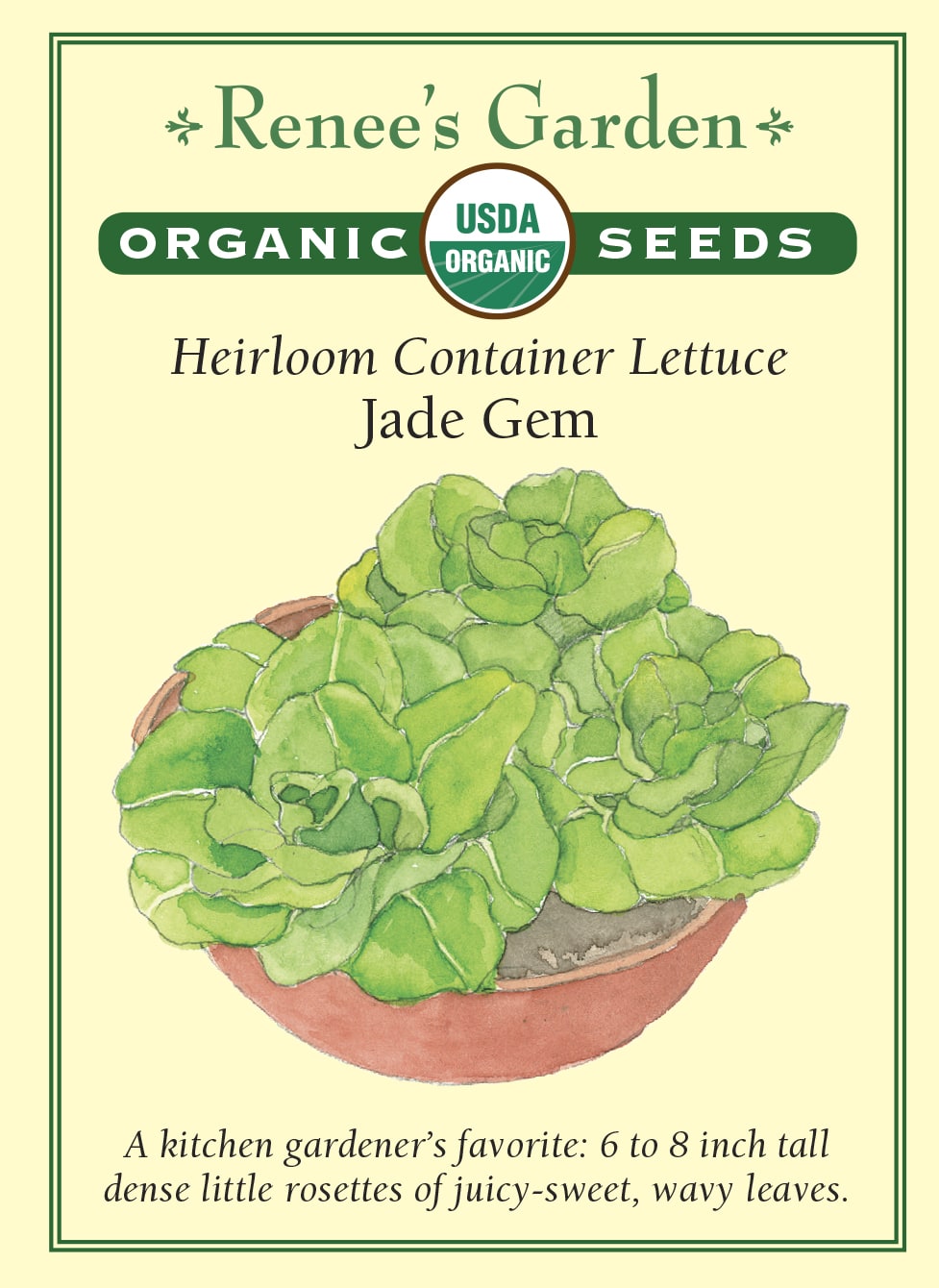 Visuel officiel de Renee's Garden pour les semences « Laitue ‘Jade Gem’ », référence RN3037. Cette référence biologique forme de petites rosettes épaisses de feuilles ondulées, ressemblant à des mini romaines. Le semencier indique une hauteur d’environ 15 à 20 cm (6 à 8 po). Les feuilles sont décrites comme juteuses et douces. Le petit calibre permet de récolter une rosette sans attendre le volume d’une grande laitue.