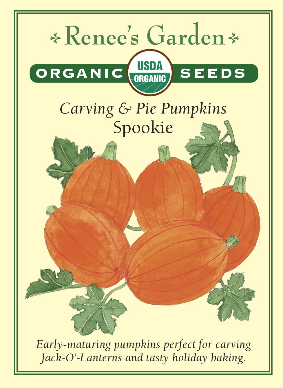 Visuel officiel de Renee's Garden pour les semences « Citrouille ‘Spookie’ », référence RN3044. Cette référence biologique produit des citrouilles petites à moyennes sur des tiges à croissance rapide. Le semencier décrit une production précoce et une chair douce. Les fruits peuvent servir à la décoration ou à la cuisine. Pour l’alimentation, il faut utiliser des fruits sains préparés à cet effet, plutôt qu’une citrouille ayant longtemps servi de décor découpé.