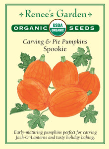 Visuel officiel de Renee's Garden pour les semences « Citrouille ‘Spookie’ », référence RN3044. Cette référence biologique produit des citrouilles petites à moyennes sur des tiges à croissance rapide. Le semencier décrit une production précoce et une chair douce. Les fruits peuvent servir à la décoration ou à la cuisine. Pour l’alimentation, il faut utiliser des fruits sains préparés à cet effet, plutôt qu’une citrouille ayant longtemps servi de décor découpé.