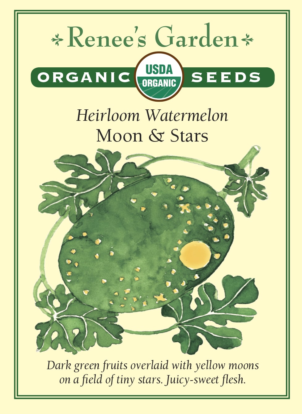 Visuel officiel de Renee's Garden pour les semences « Melon d’eau ‘Moon and Stars’ », référence RN3051. Cette référence biologique forme des fruits ronds à ovales, vert foncé, ponctués de petites marques jaunes et de taches plus grandes. Des ponctuations jaunes apparaissent également sur les feuilles. Le semencier décrit une chair rose, juteuse et douce. Le motif extérieur est une caractéristique de la variété.