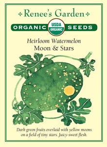 Visuel officiel de Renee's Garden pour les semences « Melon d’eau ‘Moon and Stars’ », référence RN3051. Cette référence biologique forme des fruits ronds à ovales, vert foncé, ponctués de petites marques jaunes et de taches plus grandes. Des ponctuations jaunes apparaissent également sur les feuilles. Le semencier décrit une chair rose, juteuse et douce. Le motif extérieur est une caractéristique de la variété.
