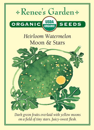 Visuel officiel de Renee's Garden pour les semences « Melon d’eau ‘Moon and Stars’ », référence RN3051. Cette référence biologique forme des fruits ronds à ovales, vert foncé, ponctués de petites marques jaunes et de taches plus grandes. Des ponctuations jaunes apparaissent également sur les feuilles. Le semencier décrit une chair rose, juteuse et douce. Le motif extérieur est une caractéristique de la variété.