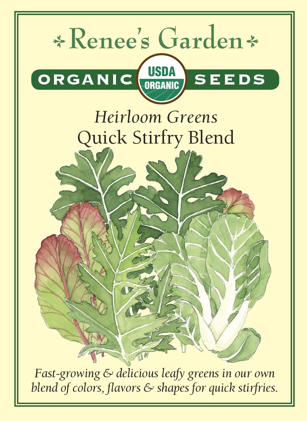 Visuel officiel de Renee's Garden pour les semences « Verdure en mélange Quick Stirfry Blend », référence RN3054. Cette référence biologique réunit du mizspoona et du mizuna, des choux-feuilles Wild Garden ainsi que des moutardes douces ‘Magma’ et ‘Great Wave’. Le mélange est présenté comme une récolte rapide pour les sautés. Il associe plusieurs couleurs, formes et intensités de saveur. Les jeunes feuilles peuvent être coupées au fur et à mesure des besoins.