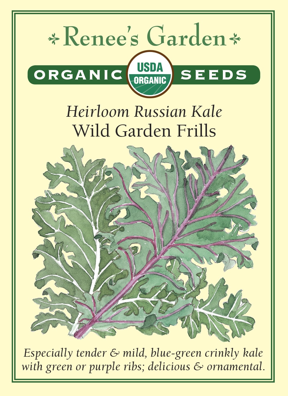 Visuel officiel de Renee's Garden pour les semences « Choux-feuilles en mélange Wild Garden Frills », référence RN3055. Ce mélange biologique réunit à parts égales des choux de type russe rouges et verts. Les feuilles bleu-vert présentent des bordures frisées et une texture tendre. Le semencier décrit une saveur douce et une bonne tenue au jardin. Les différences de couleur et de découpe entre les plants font partie des caractéristiques recherchées dans ce mélange.