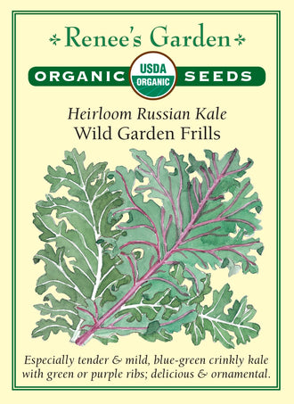 Visuel officiel de Renee's Garden pour les semences « Choux-feuilles en mélange Wild Garden Frills », référence RN3055. Ce mélange biologique réunit à parts égales des choux de type russe rouges et verts. Les feuilles bleu-vert présentent des bordures frisées et une texture tendre. Le semencier décrit une saveur douce et une bonne tenue au jardin. Les différences de couleur et de découpe entre les plants font partie des caractéristiques recherchées dans ce mélange.