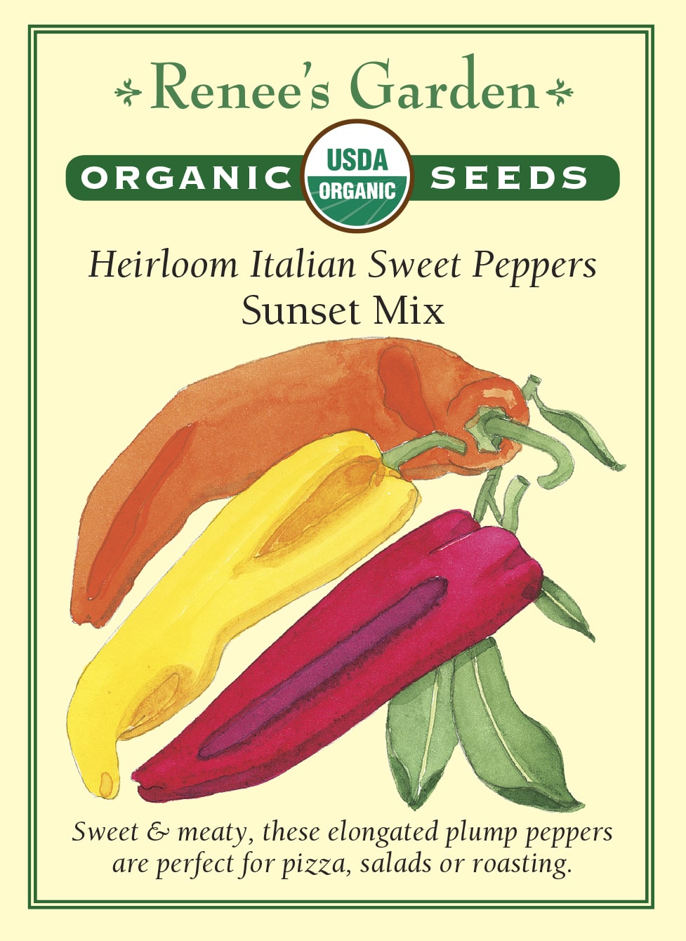 Visuel officiel de Renee's Garden pour les semences « Poivrons italiens en mélange Sunset Mix », référence RN3059. Ce mélange biologique réunit des poivrons italiens rouges, jaunes et orange, en proportions égales selon le semencier. Les fruits sont grands, allongés et effilés, avec une chair épaisse. Ils peuvent être consommés frais, sautés ou rôtis. Les couleurs apparaissent à maturité et restent propres aux différentes composantes du mélange.