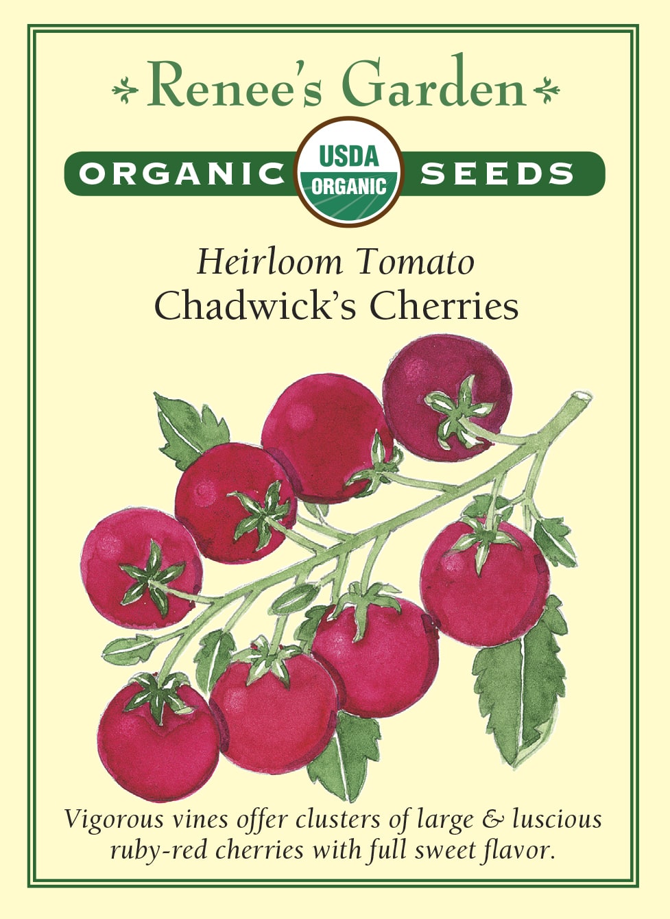 Visuel officiel de Renee's Garden pour les semences « Tomate cerise ‘Chadwick’s Cherry’ », référence RN3062. Cette référence biologique produit de grosses tomates cerises sur des tiges grimpantes chargées de grappes. Le semencier souligne une saveur de tomate riche et pleine. Les fruits sont destinés notamment à la consommation fraîche. Le développement des tiges demande un support adapté et un accès commode pour suivre la maturité des grappes.