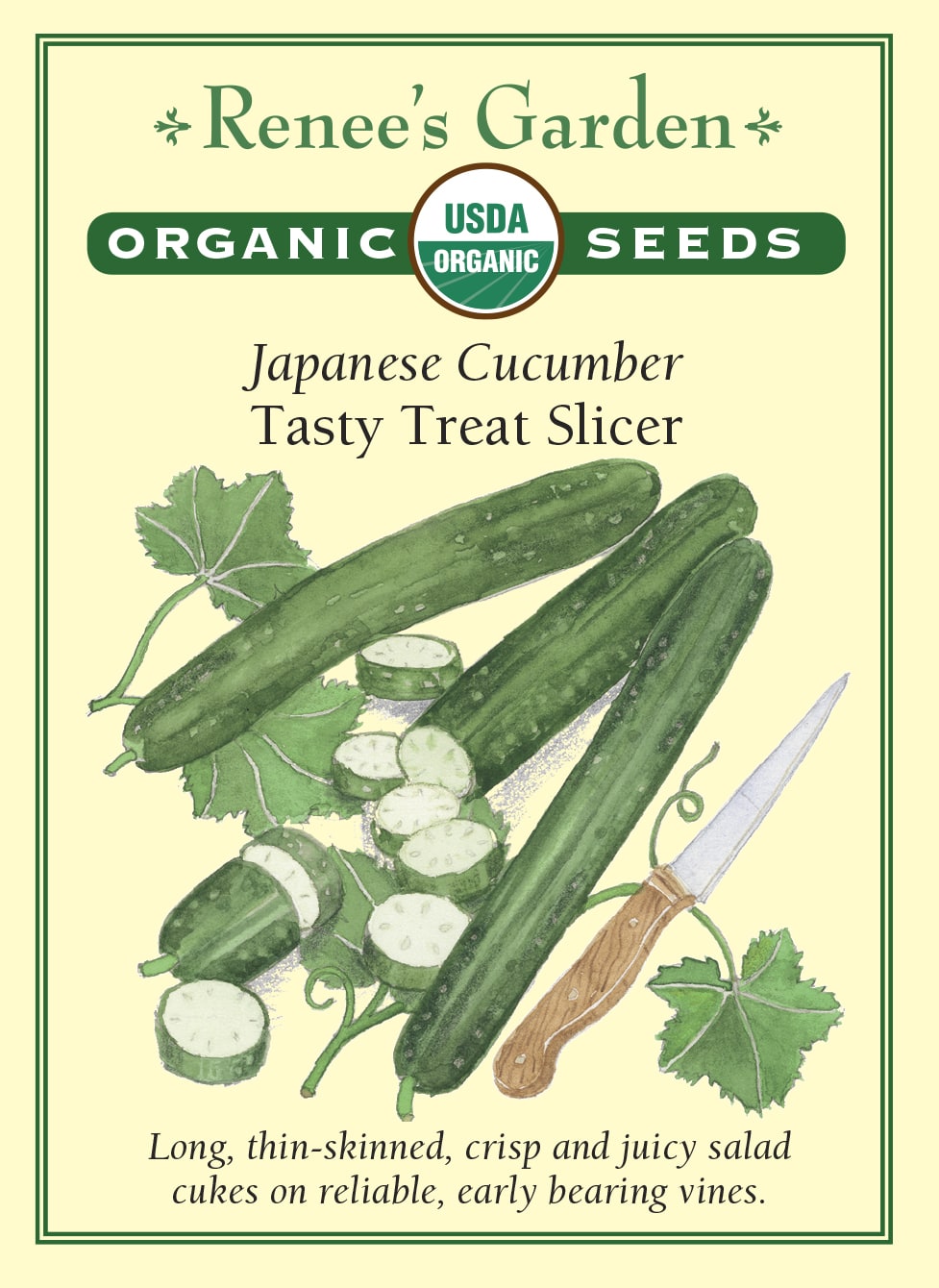Visuel officiel de Renee's Garden pour les semences « Concombre ‘Tasty Treat’ », référence RN3065. Cette référence biologique porte de longs fruits droits, à peau fine et à chair douce, croquante et juteuse. Le semencier décrit des tiges vigoureuses dont la production peut se poursuivre jusqu’à l’arrivée du froid. La variété est monoïque. Le calibre et la finesse de la peau conviennent à une utilisation en salade ou en crudités.