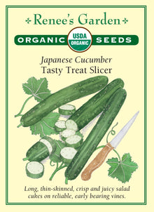 Visuel officiel de Renee's Garden pour les semences « Concombre ‘Tasty Treat’ », référence RN3065. Cette référence biologique porte de longs fruits droits, à peau fine et à chair douce, croquante et juteuse. Le semencier décrit des tiges vigoureuses dont la production peut se poursuivre jusqu’à l’arrivée du froid. La variété est monoïque. Le calibre et la finesse de la peau conviennent à une utilisation en salade ou en crudités.