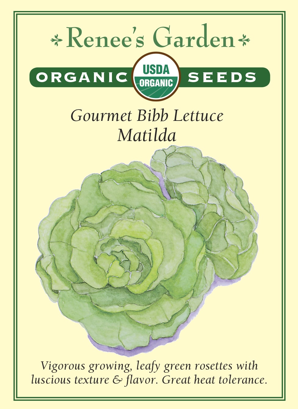 Visuel officiel de Renee's Garden pour les semences « Laitue ‘Matilda’ », référence RN3078. Cette laitue de type Bibb, proposée en référence biologique, forme des pommes aux feuilles souplement repliées. Le semencier décrit une texture délicate et une saveur douce. La sélection néerlandaise est présentée comme tolérante à la chaleur. Les feuilles se prêtent surtout aux préparations fraîches, qui permettent de conserver leur texture.