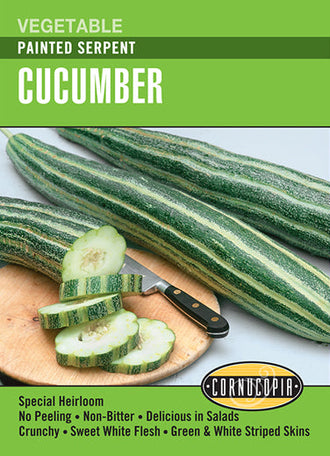 Visuel officiel de Cornucopia associé aux semences de Concombre arménien ‘Painted Serpent’, référence CS307. Les longs fruits courbés et striés possèdent une chair croquante et douce. Les tiges vigoureuses apprécient la chaleur. Ce concombre arménien se récolte jeune et se prépare comme un concombre dans les salades. Cette image accompagne la fiche de cette sélection et permet de repérer le produit correspondant dans le catalogue de semences.