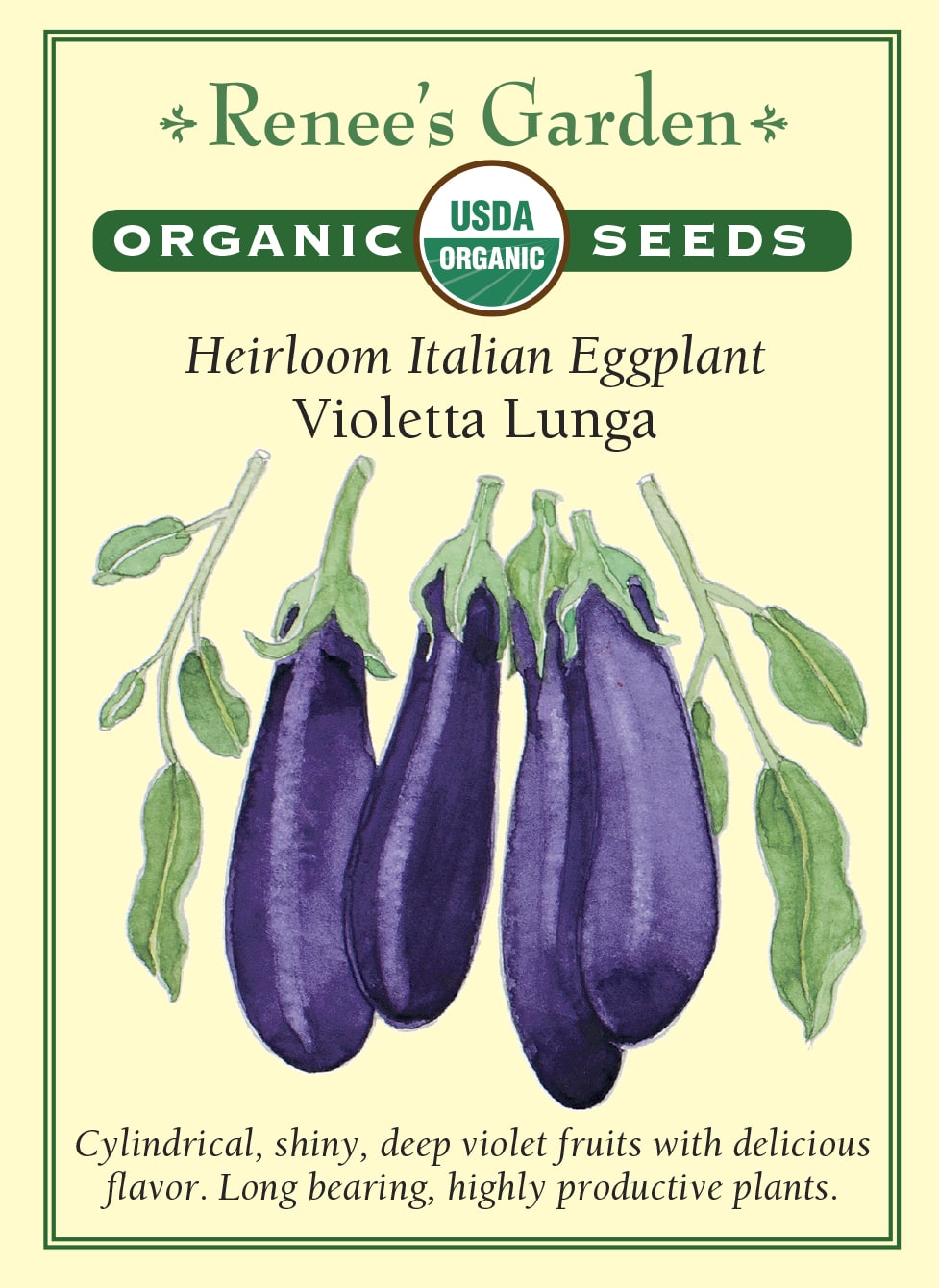 Visuel officiel de Renee's Garden pour les semences « Aubergine ‘Violetta Lunga’ », référence RN3081. Cette sélection italienne biologique donne des fruits allongés pourpre foncé. Le semencier décrit une production précoce et une chair douce contenant peu de graines. Les fruits se prêtent à la cuisson au gril, au four ou à la poêle. Leur forme allongée permet de préparer des tranches régulières pour différents plats d’aubergines.
