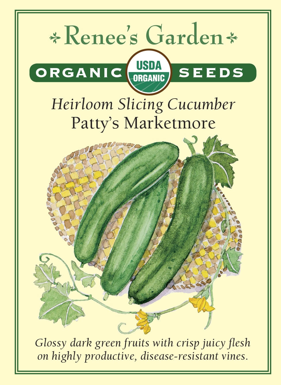Visuel officiel de Renee's Garden pour les semences « Concombre ‘Patty’s Marketmore’ », référence RN3084. Cette sélection biologique de type Marketmore donne de longs fruits vert foncé, croquants et doux. Le semencier décrit des plants productifs et une bonne tenue dans des conditions météorologiques variées. La variété est monoïque. Les fruits se destinent notamment à la consommation fraîche, en tranches ou en morceaux, après un lavage soigneux.