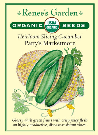 Visuel officiel de Renee's Garden pour les semences « Concombre ‘Patty’s Marketmore’ », référence RN3084. Cette sélection biologique de type Marketmore donne de longs fruits vert foncé, croquants et doux. Le semencier décrit des plants productifs et une bonne tenue dans des conditions météorologiques variées. La variété est monoïque. Les fruits se destinent notamment à la consommation fraîche, en tranches ou en morceaux, après un lavage soigneux.