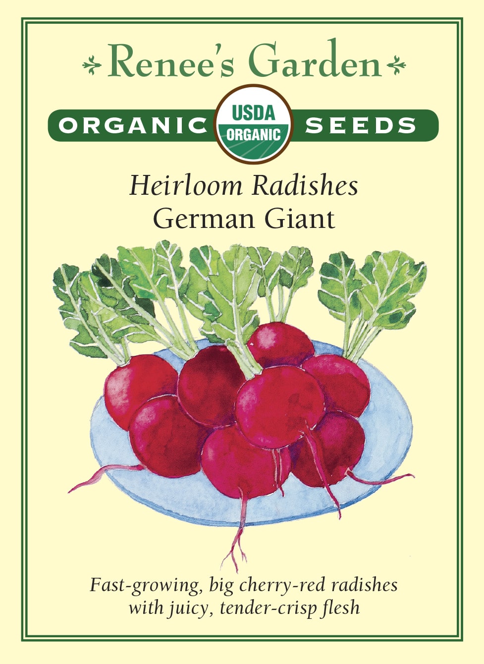 Visuel officiel de Renee's Garden pour les semences « Radis ‘German Giant’ », référence RN3086. Cette référence biologique produit des racines rondes rouge cerise, à chair juteuse et croquante. Le semencier souligne une saveur douce et une croissance rapide. Les racines conviennent aux collations et aux salades. Elles peuvent aussi être tranchées finement et servies sur du pain, sans devoir attendre un très gros calibre.