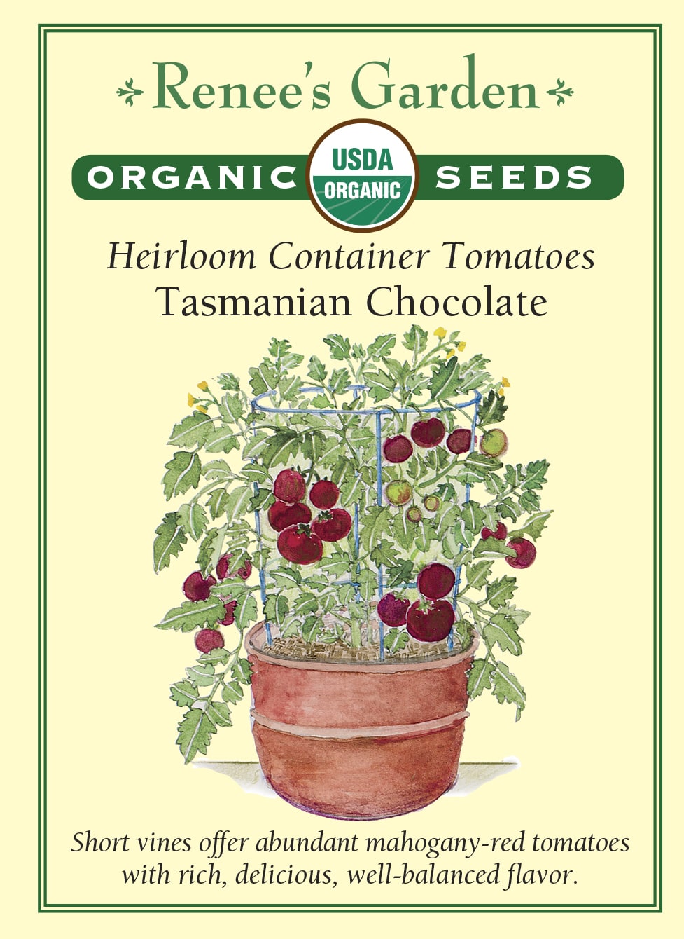 Visuel officiel de Renee's Garden pour les semences « Tomate ‘Tasmanian Chocolate’ », référence RN3088. Cette référence biologique porte des fruits rouge acajou, légèrement rayés, sur des plants courts et robustes. Le semencier la recommande pour les grands contenants et les petits espaces. Les tomates sont charnues, juteuses et à saveur équilibrée. Elles conviennent notamment aux tranches fraîches pour les salades et les sandwichs.