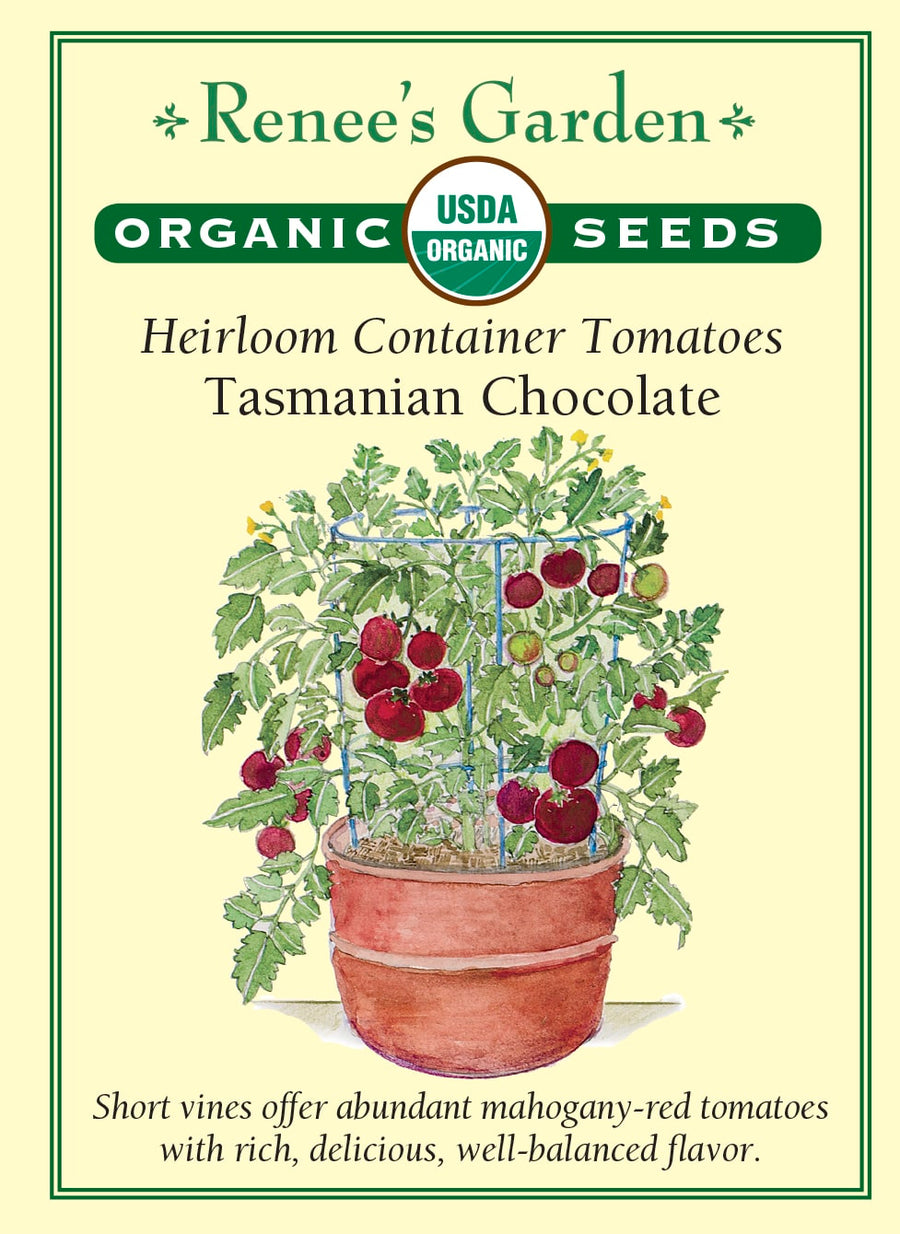 Visuel officiel de Renee's Garden pour les semences « Tomate ‘Tasmanian Chocolate’ », référence RN3088. Cette référence biologique porte des fruits rouge acajou, légèrement rayés, sur des plants courts et robustes. Le semencier la recommande pour les grands contenants et les petits espaces. Les tomates sont charnues, juteuses et à saveur équilibrée. Elles conviennent notamment aux tranches fraîches pour les salades et les sandwichs.
