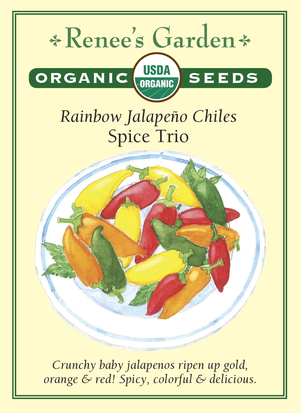 Visuel officiel de Renee's Garden pour les semences « Piments jalapeños en mélange Spice Trio », référence RN3094. Ce mélange biologique contient ‘Lemon Spice’, ‘Orange Spice’ et ‘Red Spice’, dont les fruits deviennent jaunes, orange ou rouges. Le semencier associe les graines non colorées à ‘Lemon Spice’, les vertes à ‘Orange Spice’ et les rouges à ‘Red Spice’. Les trois sélections offrent des fruits croquants et piquants.