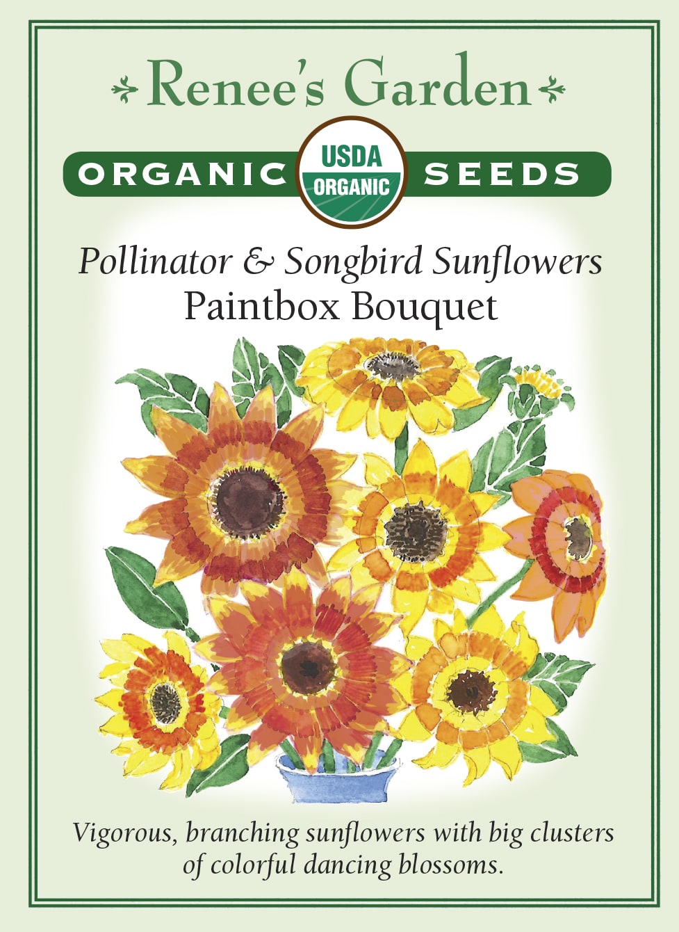 Visuel officiel de Renee's Garden associé aux semences de Tournesols en mélange Paintbox Bouquet, référence RN3095. Les plantes vigoureuses et ramifiées portent des groupes de fleurs unies et bicolores. Les fleurs peuvent être coupées pour les bouquets ou laissées au jardin pour les abeilles. Les capitules mûrs fournissent ensuite des graines aux oiseaux.