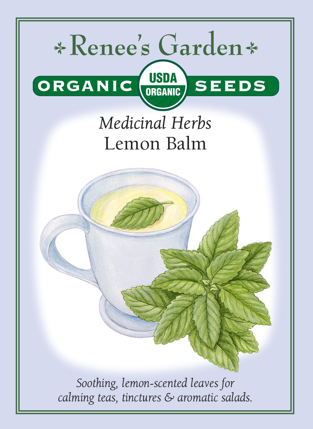 Visuel officiel de Renee's Garden associé aux semences de Mélisse, référence RN3100. Cette référence biologique produit des feuilles au parfum citronné, qui se dégage lorsqu’elles sont froissées. Le semencier propose les feuilles fraîches ou séchées pour aromatiser les boissons et les salades. Les petites fleurs sont blanches. La plante est vigoureuse et peut se ressemer; une culture en contenant facilite sa gestion.