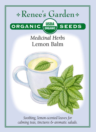 Visuel officiel de Renee's Garden associé aux semences de Mélisse, référence RN3100. Cette référence biologique produit des feuilles au parfum citronné, qui se dégage lorsqu’elles sont froissées. Le semencier propose les feuilles fraîches ou séchées pour aromatiser les boissons et les salades. Les petites fleurs sont blanches. La plante est vigoureuse et peut se ressemer; une culture en contenant facilite sa gestion.