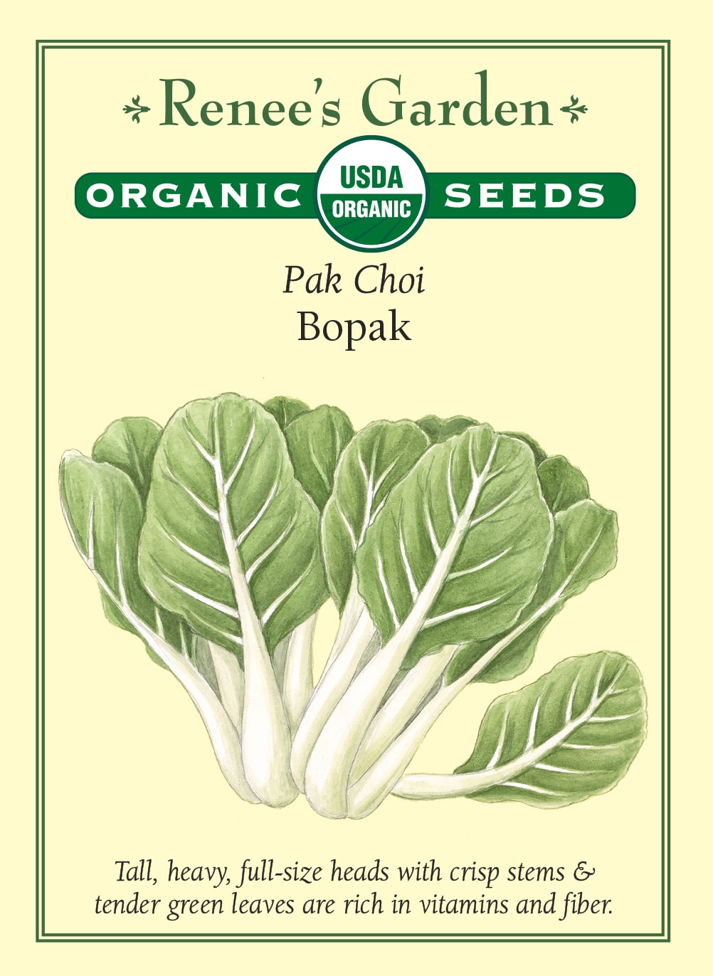 Visuel officiel de Renee's Garden pour les semences « Pak-choï ‘Bopak’ », référence RN3102. Cette référence biologique forme des pommes dressées avec des côtes blanches épaisses et des feuilles vert foncé, lustrées et tendres. Le semencier décrit une saveur douce et une croissance rapide. Les côtes gardent une texture intéressante lors d’une cuisson courte. La récolte convient aux sautés, à la vapeur et aux soupes.