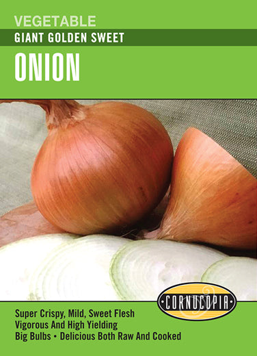 Visuel officiel de Cornucopia associé aux semences d’Oignon ‘Giant Golden Sweet’, référence CS322. Cette référence propose l’oignon Giant Golden Sweet. Il se cultive au potager pour la récolte de bulbes et demande un démarrage adapté à la durée de la saison. Cette image accompagne la fiche de cette sélection et permet de repérer le produit correspondant dans le catalogue de semences.