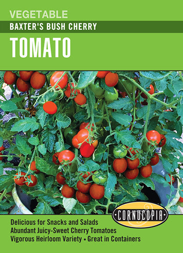 Visuel officiel de Cornucopia associé aux semences de Tomate cerise ‘Baxter Bush’, référence CS328. Cette référence propose une tomate cerise de type buissonnant nommée Baxter Bush. Elle se cultive pendant la saison chaude pour les récoltes de petits fruits. Cette image accompagne la fiche de cette sélection et permet de repérer le produit correspondant dans le catalogue de semences.