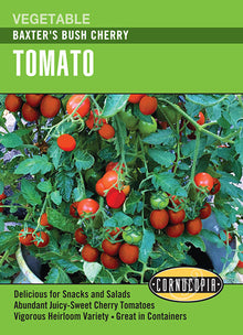 Visuel officiel de Cornucopia associé aux semences de Tomate cerise ‘Baxter Bush’, référence CS328. Cette référence propose une tomate cerise de type buissonnant nommée Baxter Bush. Elle se cultive pendant la saison chaude pour les récoltes de petits fruits. Cette image accompagne la fiche de cette sélection et permet de repérer le produit correspondant dans le catalogue de semences.